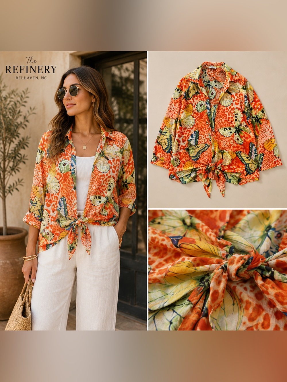 TIMING - Orange Butterfly-Print Layering Blouse NWT